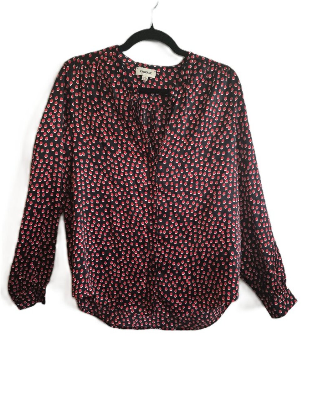 L’AGENCE 100% Silk Bardot Polka Dot Blouse Long Sleeve Satin Button Top Shirt